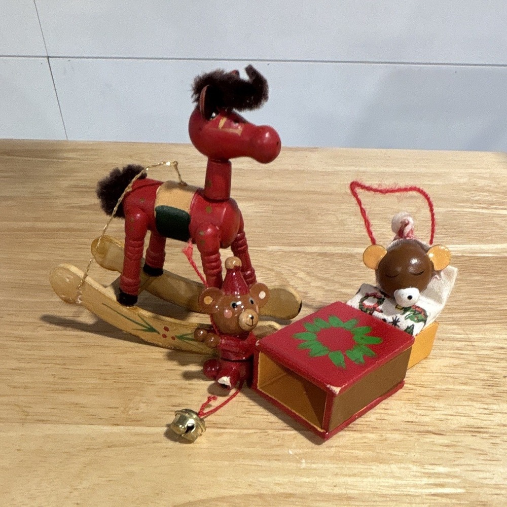 Set of 2 Wooden Hanging Christmas Ornaments Bear w/ Bell & Rocking Horse